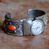 Vintage Sterling Coral Watch Cuff Bracelet
