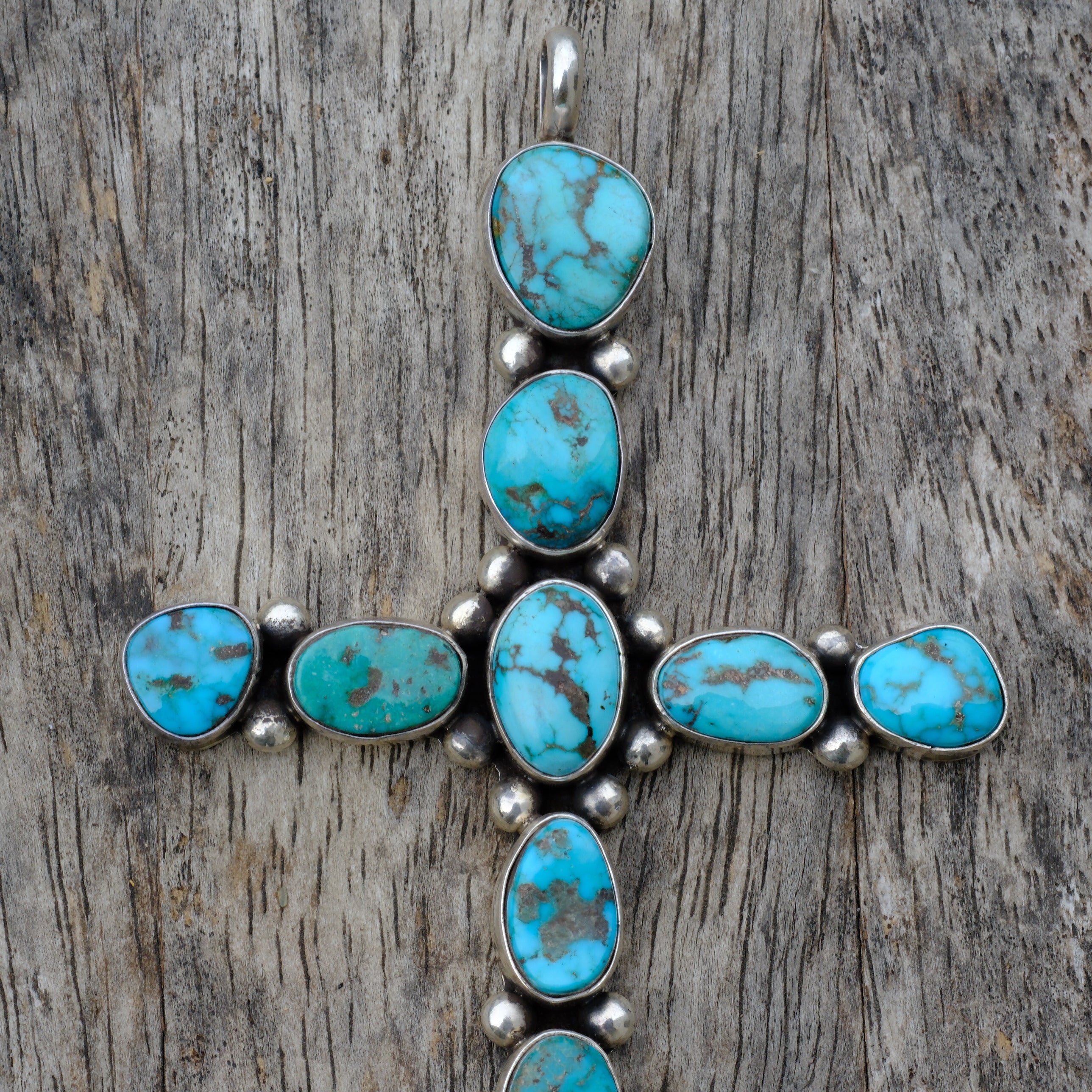 HUGE Vintage Sterling Turquoise Cluster Cross Pendant