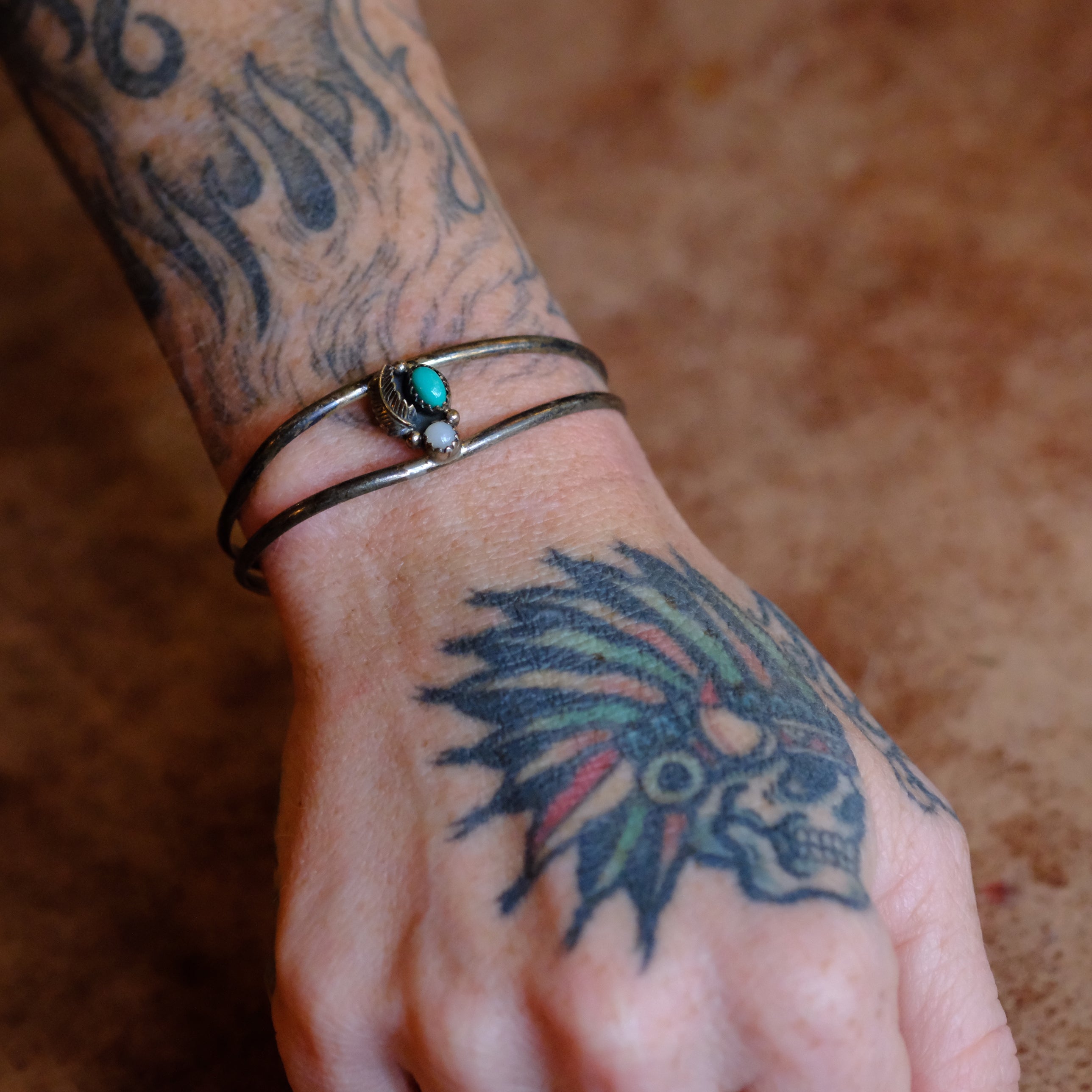 Vintage Sterling Turquoise and Mother Of Pearl Feather Cuff Bracelet