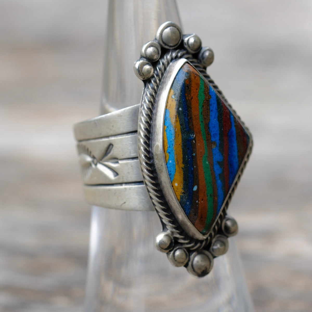 Vintage Sterling Rainbow Calsillica Ring 6