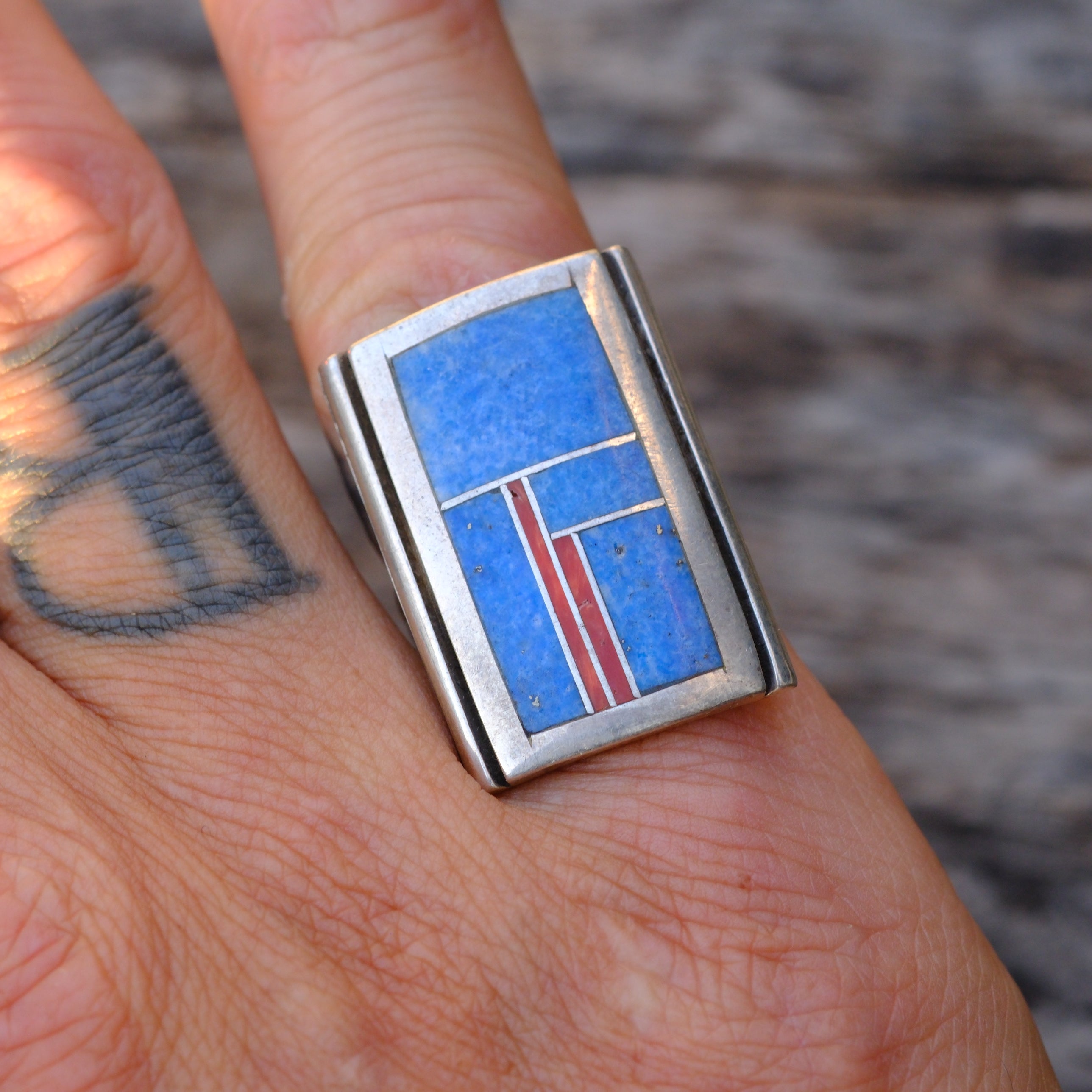 Vintage Sterling Sodalite and Coral Inlay Mosaic Ring 6.25