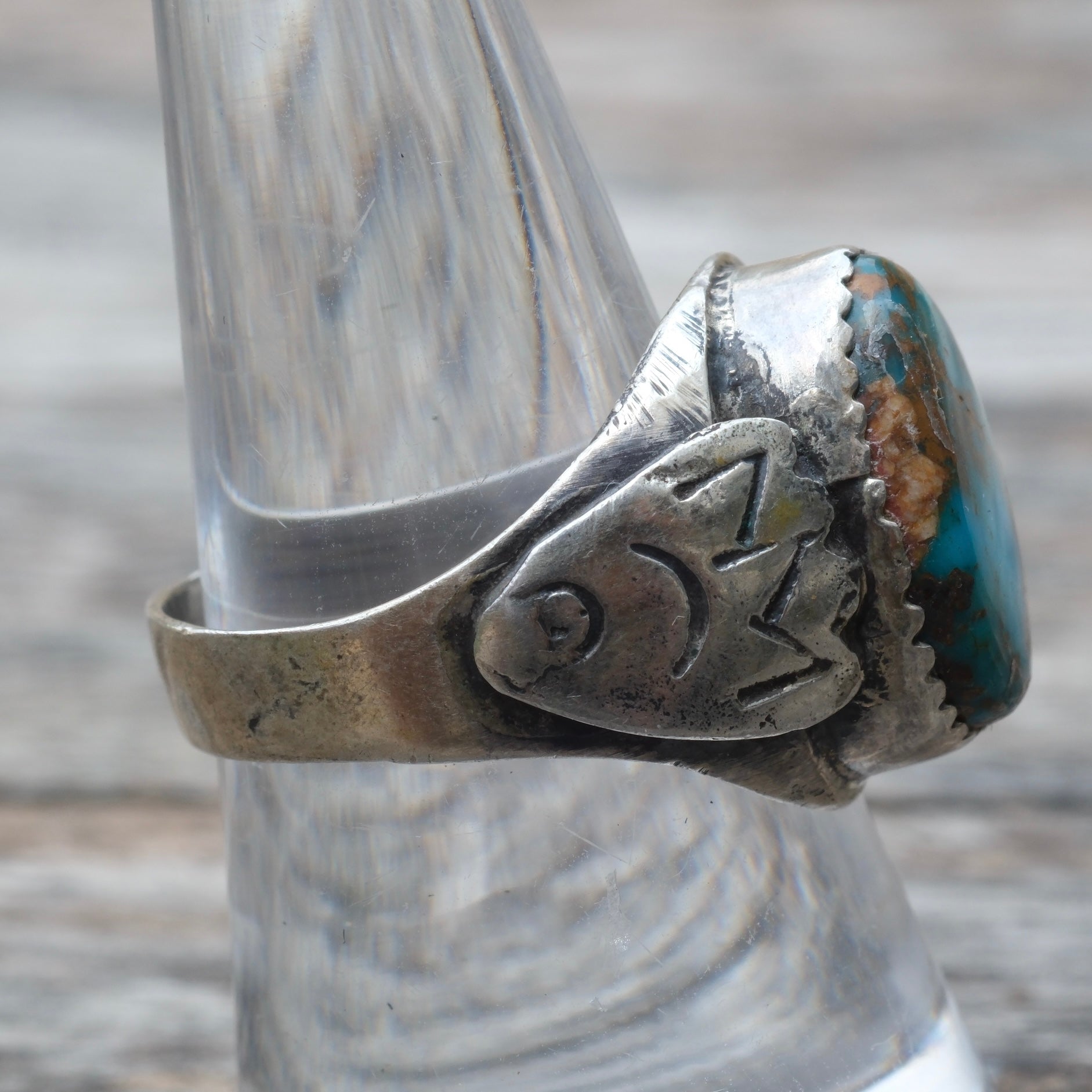 Vintage Sterling Turquoise Stamped Band Ring 6.25