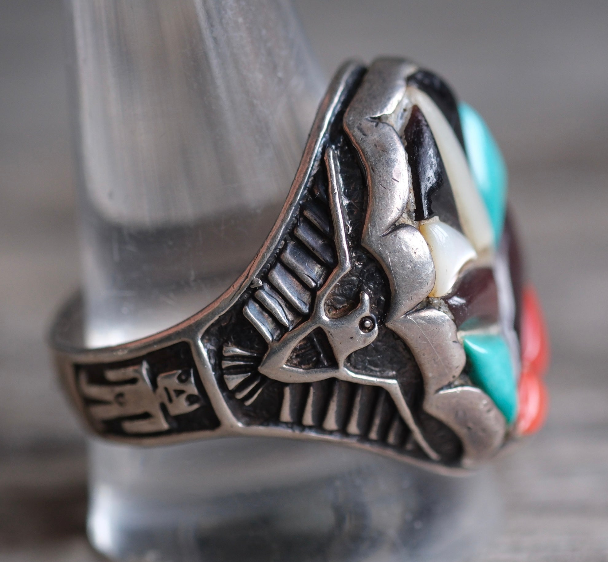 Vintage Sterling Multistone Inlay Thunderbird Ring 12.25