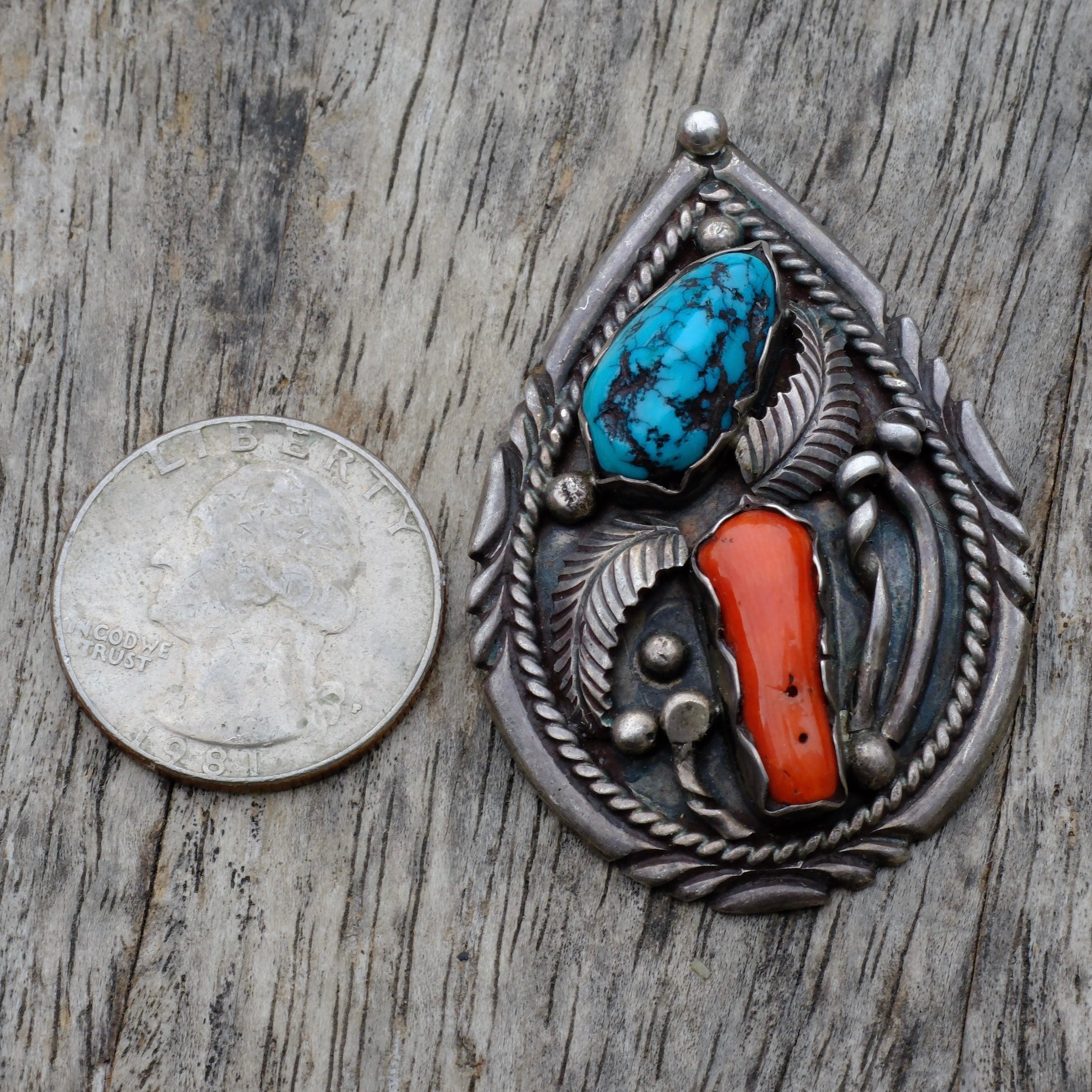Huge Vintage Sterling Turquoise and Coral Feather Pendant