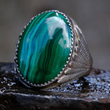 Vintage Sterling Malachite Ribbed Band Ring 11