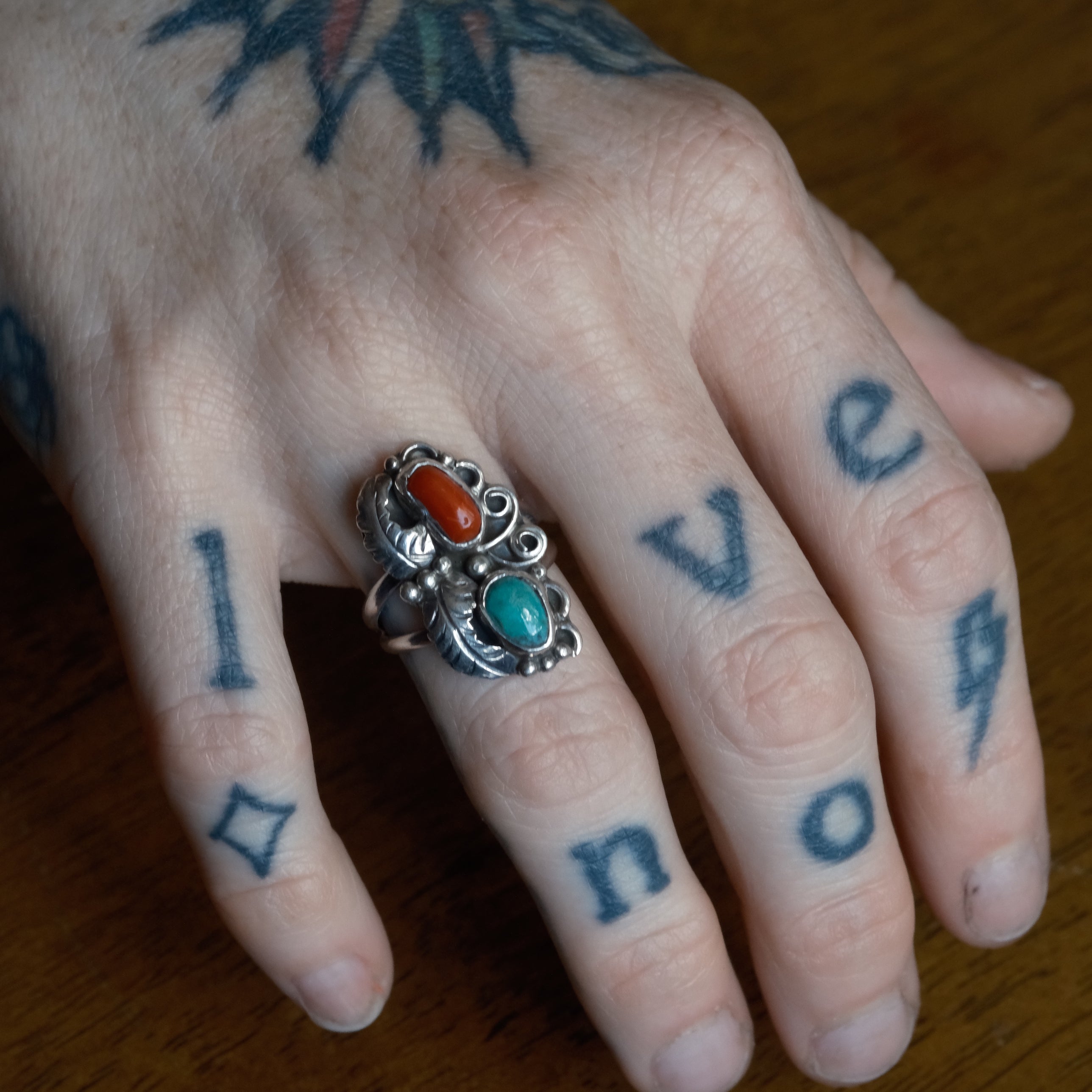 Vintage Sterling Turquoise and Coral Feather Ring 6.5