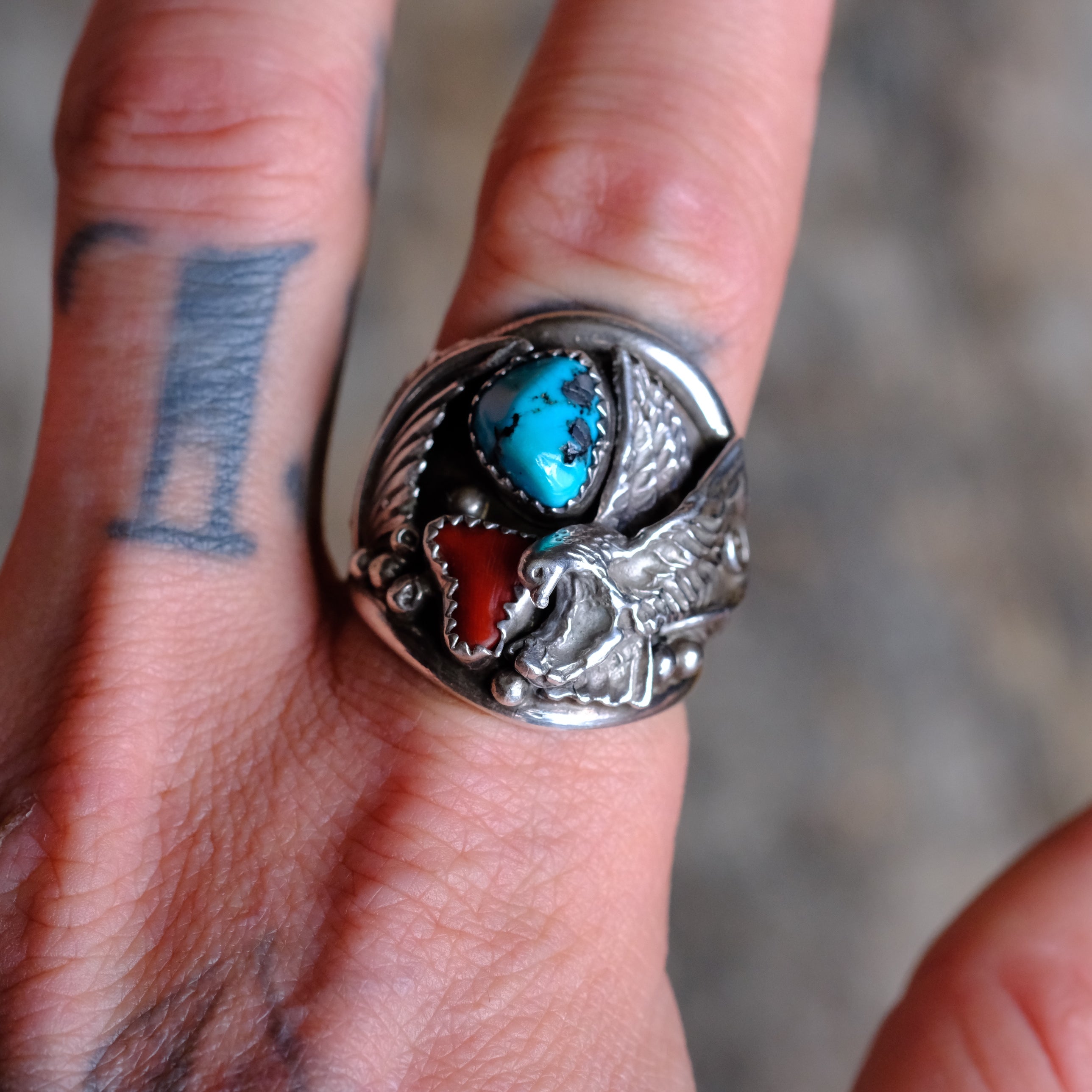 Vintage Sterling Turquoise and Coral Eagle Ring 11