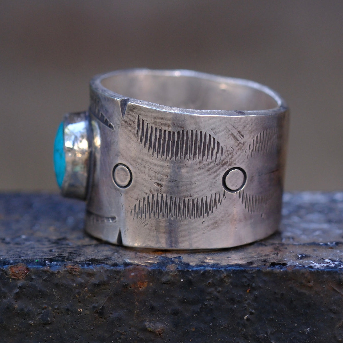 Sterling Silver Bisbee Turquoise Stamped Cigar Band Ring 11