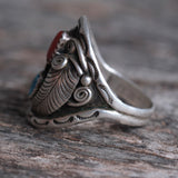 vintage Sterling Turquoise and Coral Feather Ring 12