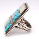 HUGE Vintage Sterling Turquoise and Mother Of Pearl Inlay Ring 5.75