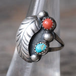 Vintage Sterling Turquoise and Coral Feather Ring 6.5