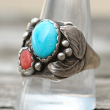 Vintage Sterling Turquoise and Coral Feather Ring 11
