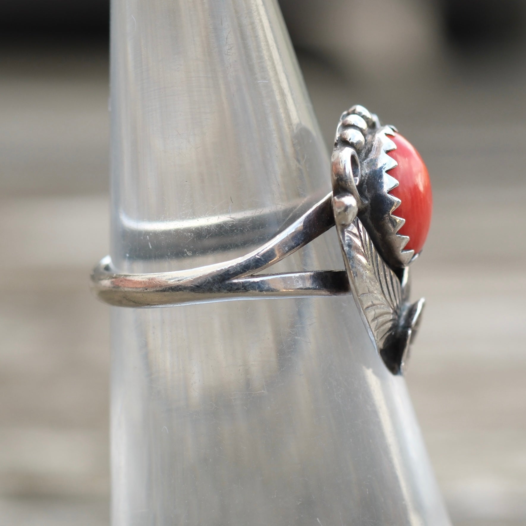Vintage Sterling Coral Feather Ring 4
