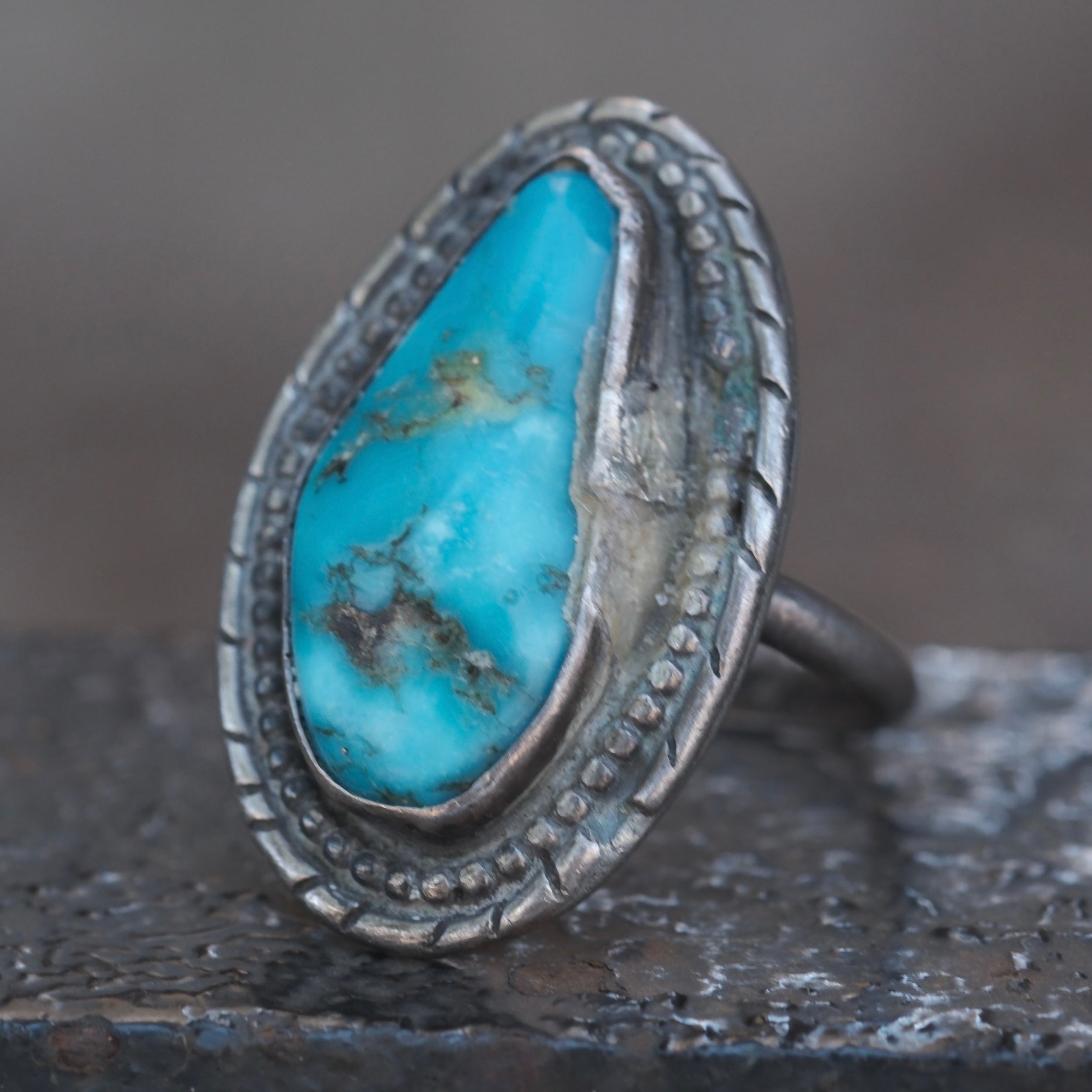 Vintage Sterling Turquoise Roper Ring 8.25