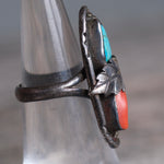 Vintage Sterling Turquoise and Coral Feather Ring 5.25