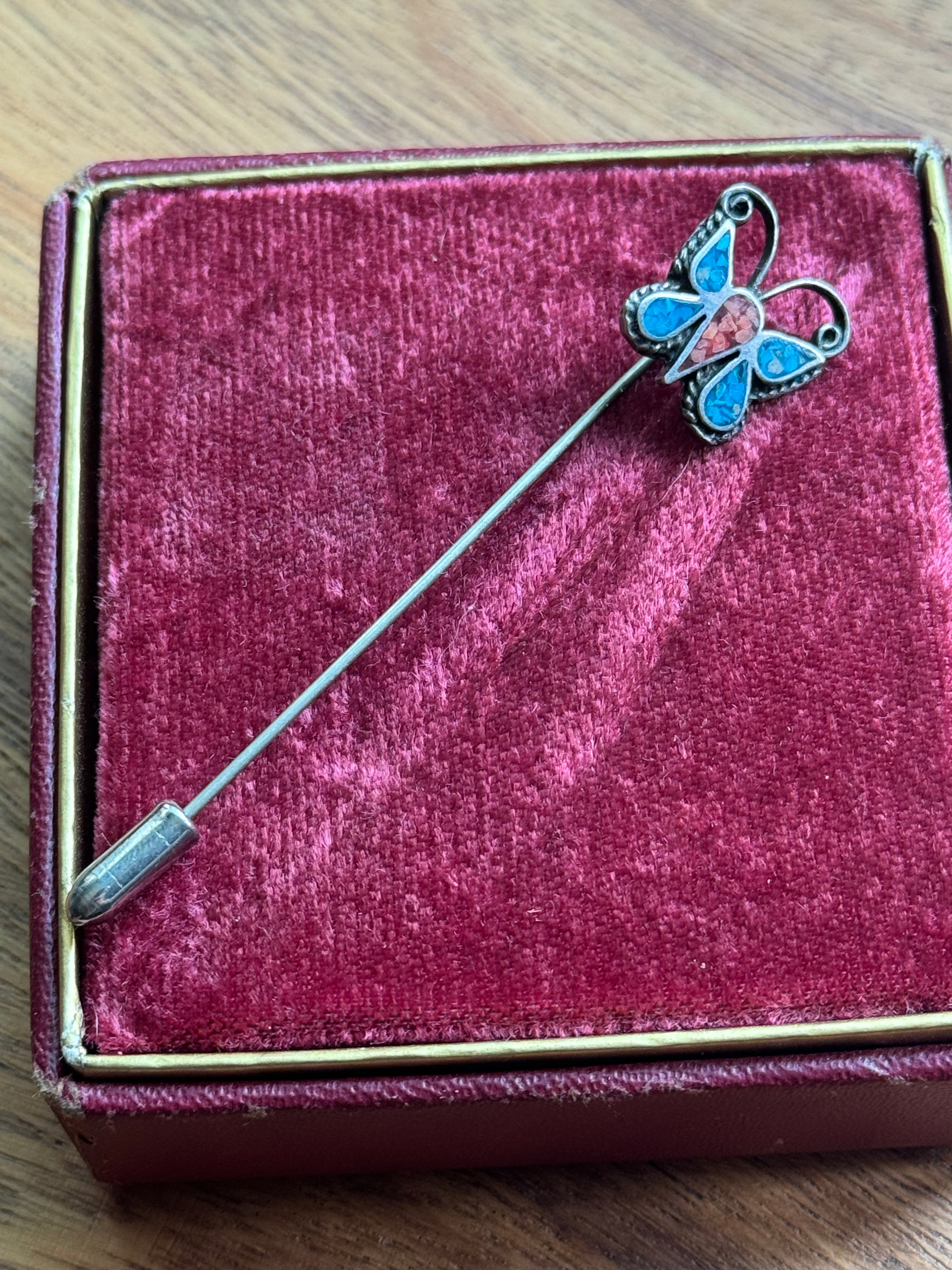 Vintage Sterling Silver Crushed Coral & Turquoise Butterfly Hat Pin