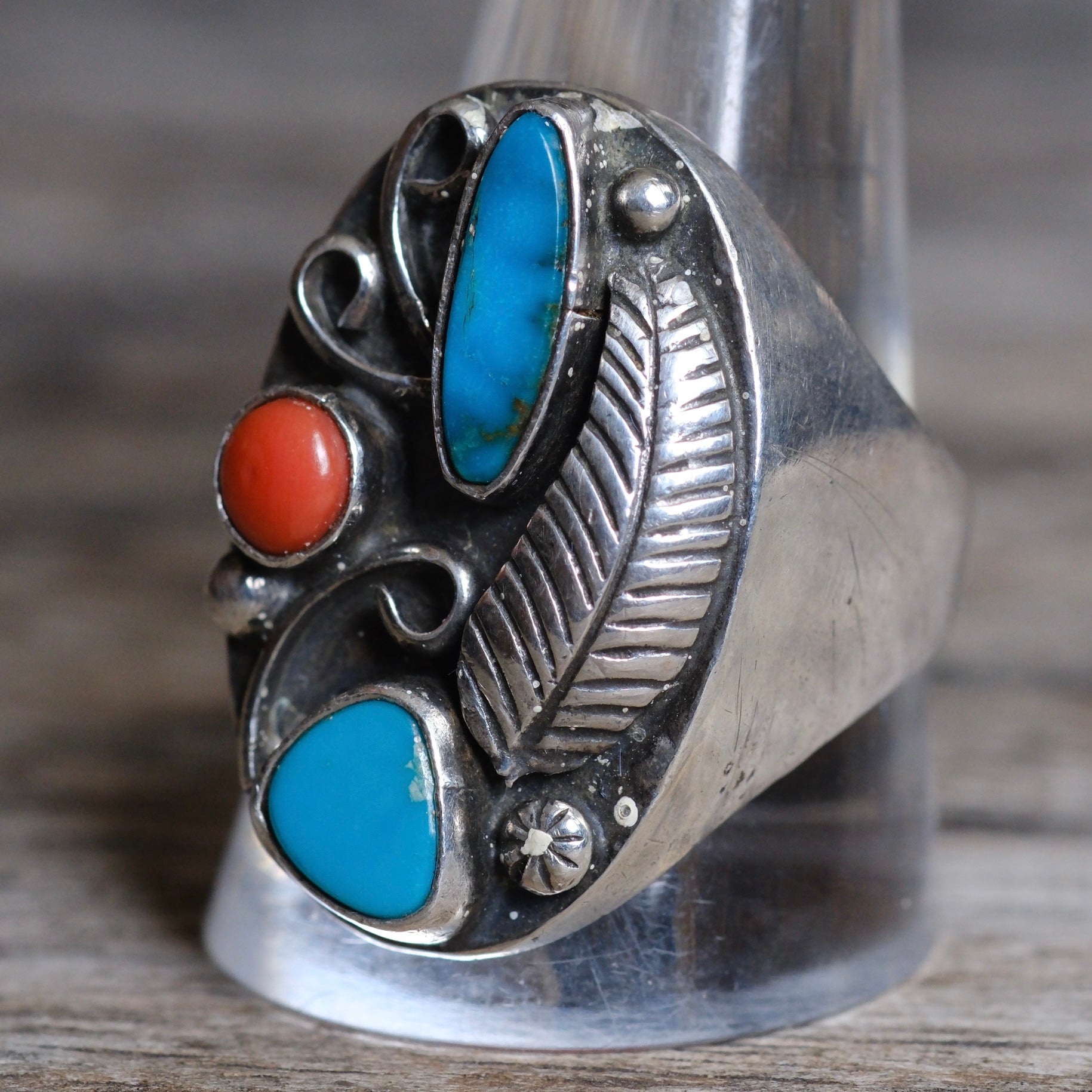Vintage Sterling Turquoise and Coral Feather Ring 12