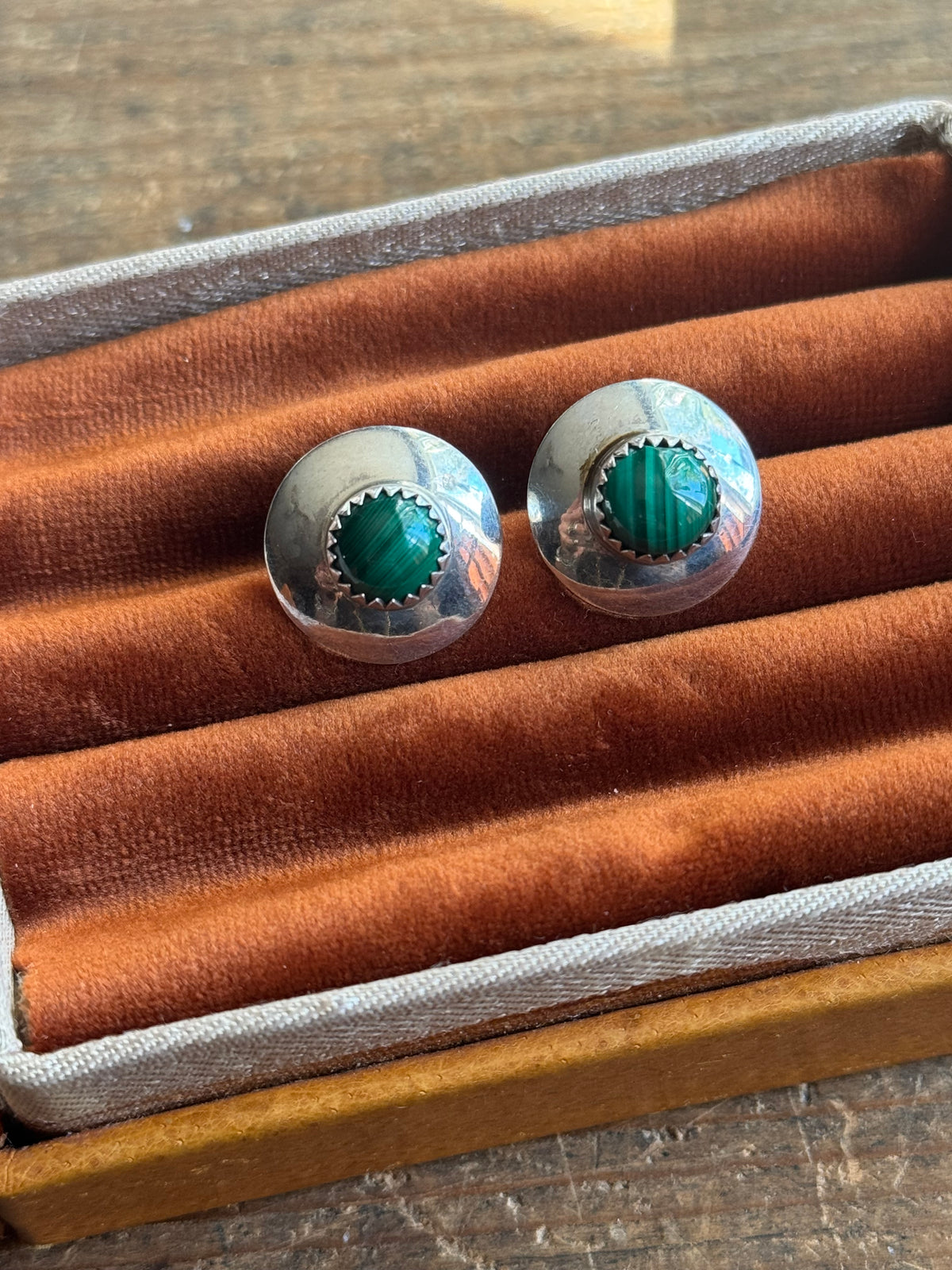 Vintage Sterling Silver Malachite Concho Earrings
