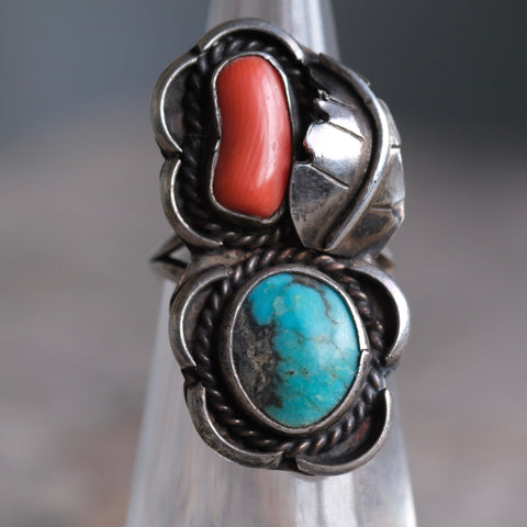 Vintage Sterling Turquoise and Coral Feather Ring 3.75