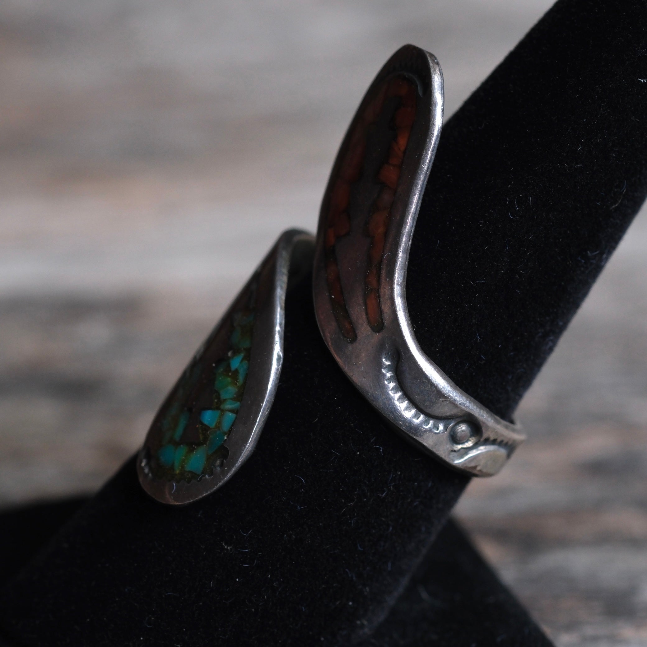 Vintage Sterling Turquoise and Coral Overpass Ring 8