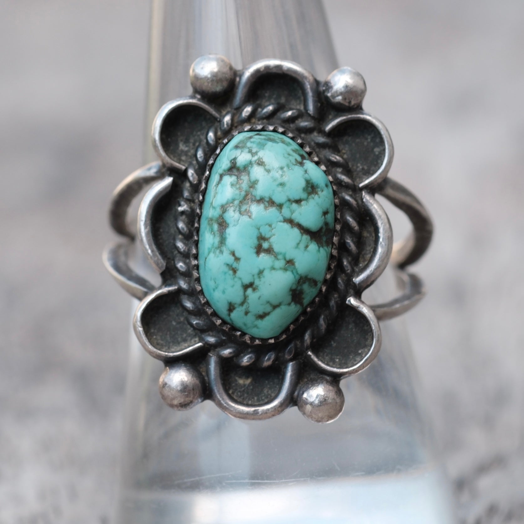 Vintage Sterling Turquoise Florette Ring 8.75