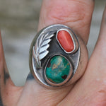 Vintage Sterling Turquoise and Coral Feather Ring 8.25