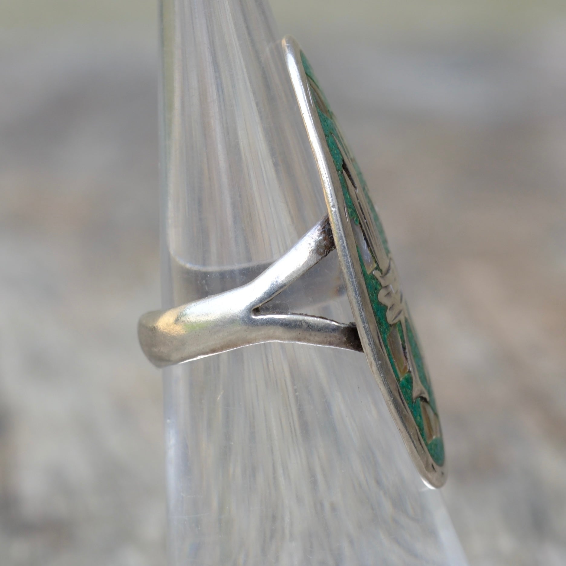 Vintage Sterling Turquoise and Abalone Roadrunner Ring 5