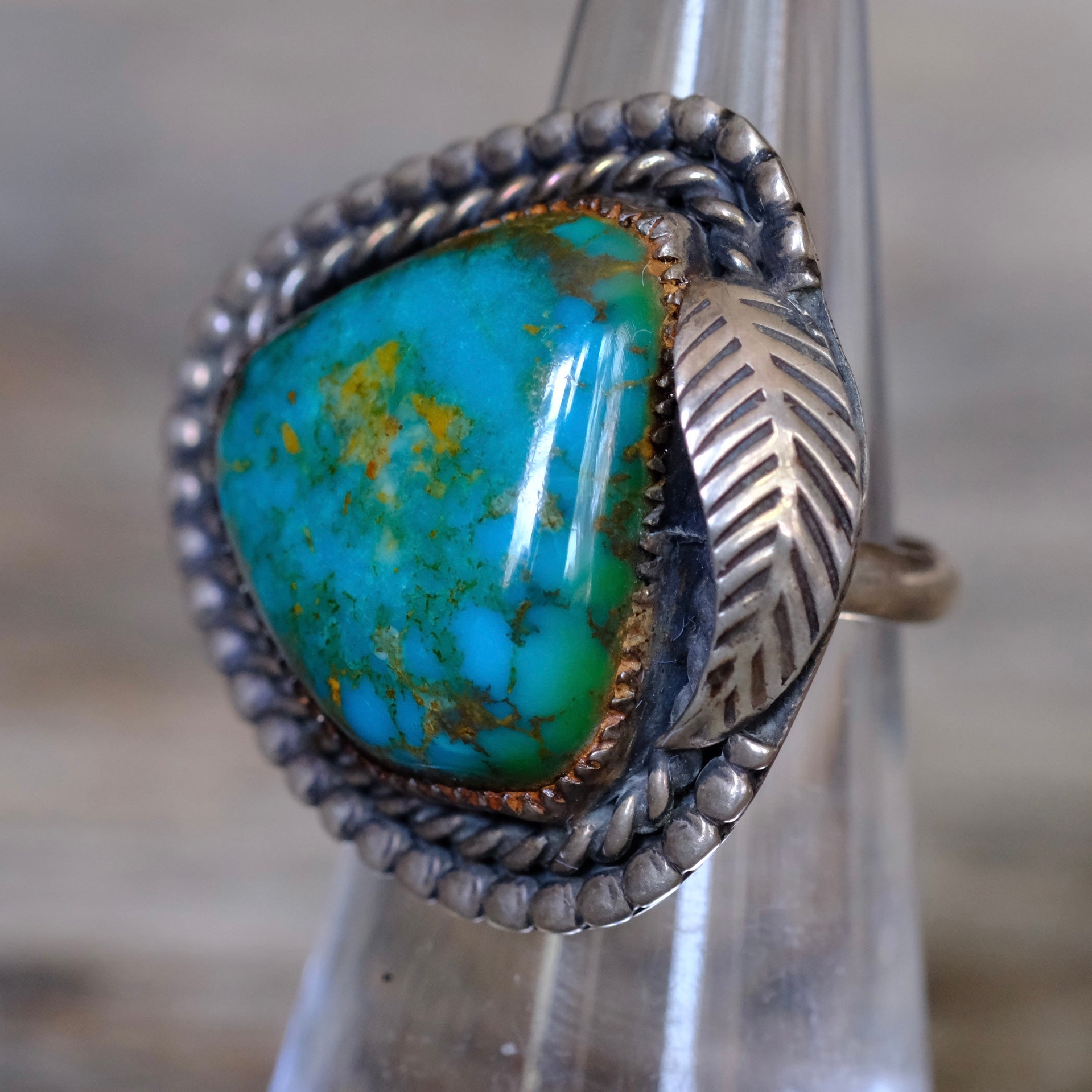 Vintage Sterling Turquoise Feather Roper Ring 4.75
