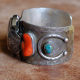 Vintage Sterling Turquoise and Coral Horseshoe Watch Cuff Bracelet