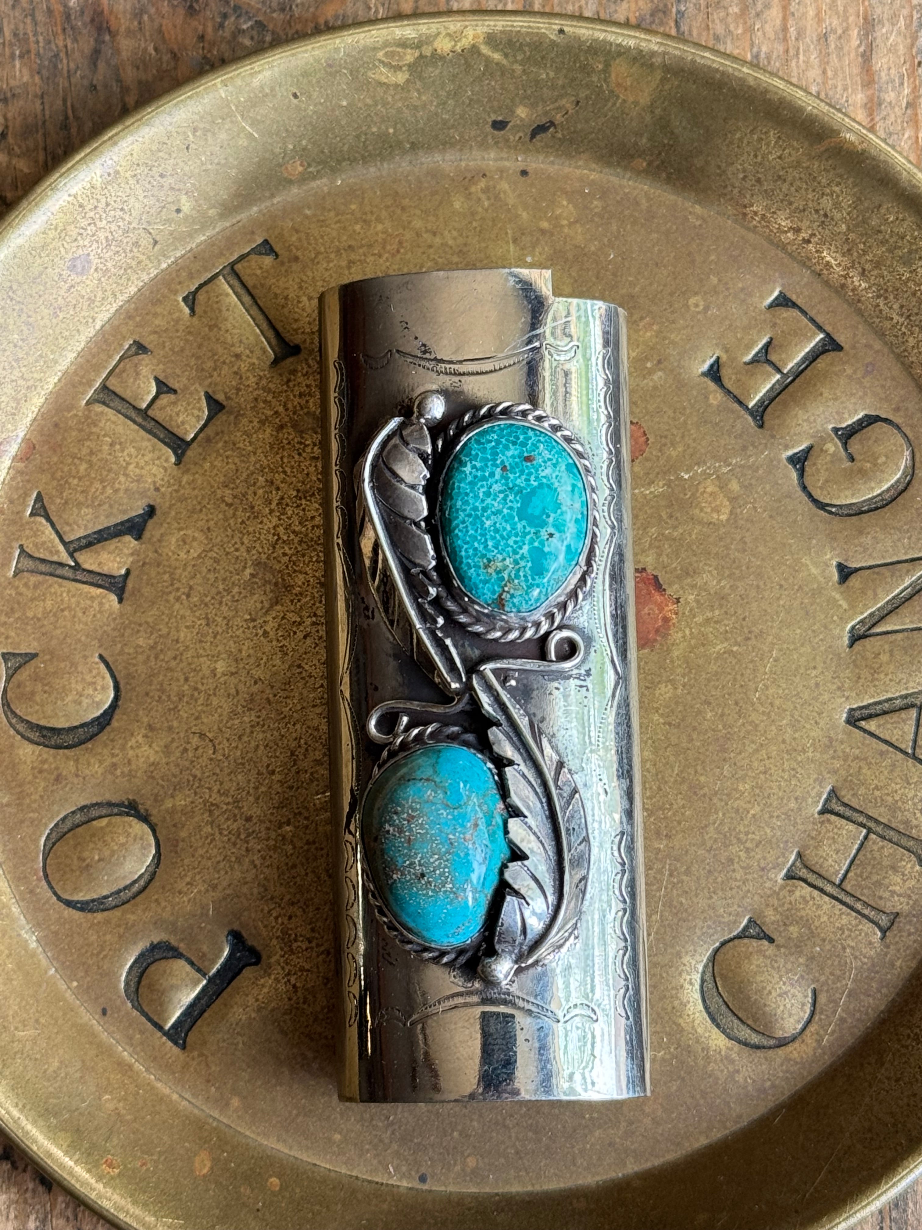 Vintage Stamped Nickel & Sterling Silver Turquoise Lighter Case