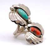 Vintage Sterling Turquoise and Coral Feather Ring 6.25