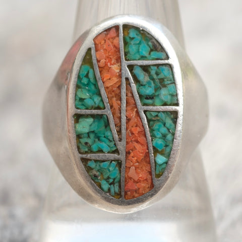 Vintage Sterling Turquoise and Coral Inlay Ring 9.75