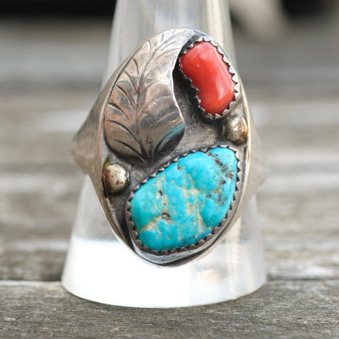 Vintage Sterling Turquoise and Coral RIng 12