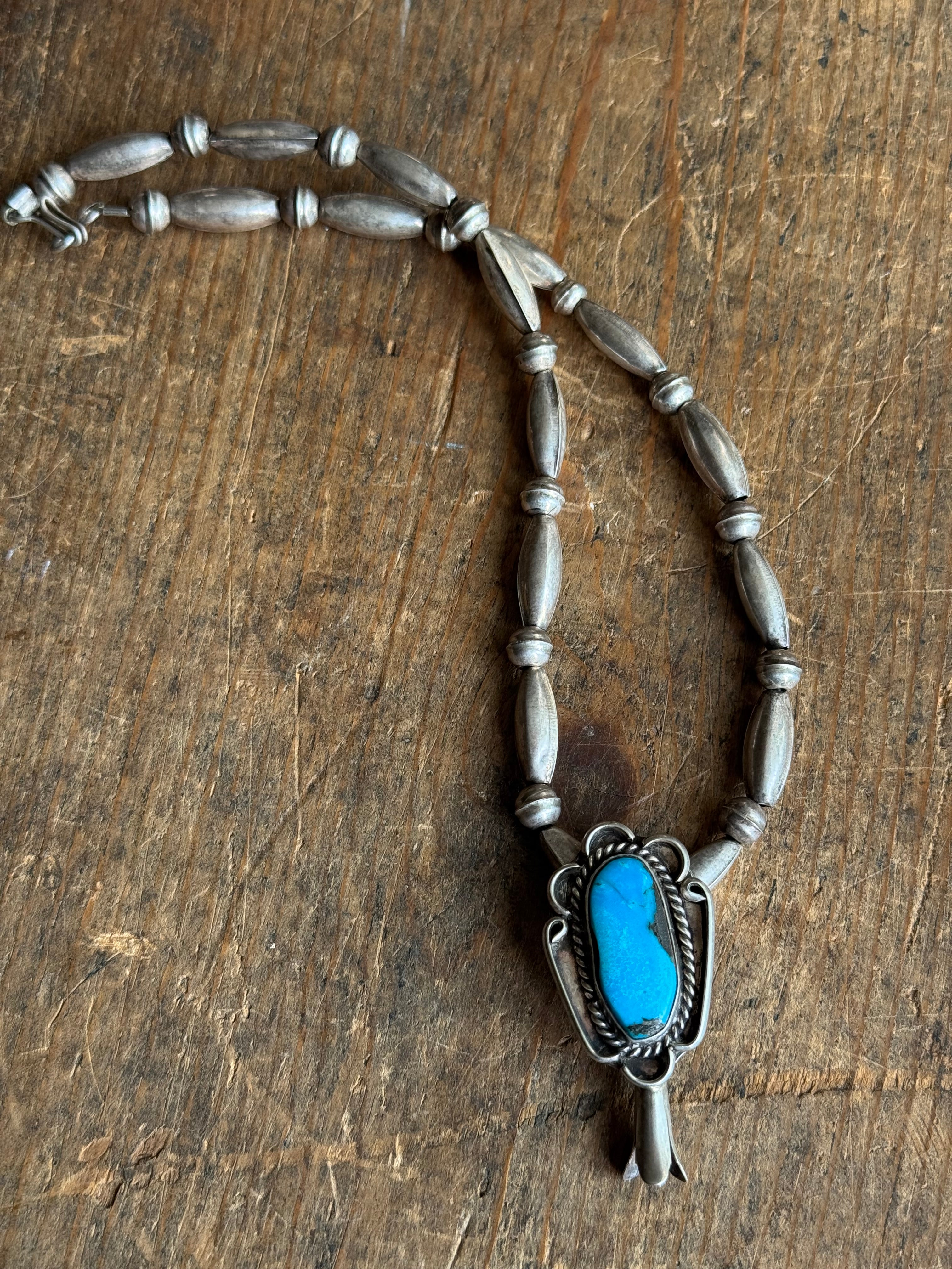 Vintage Sterling Silver Turquoise Squash Bell Necklace