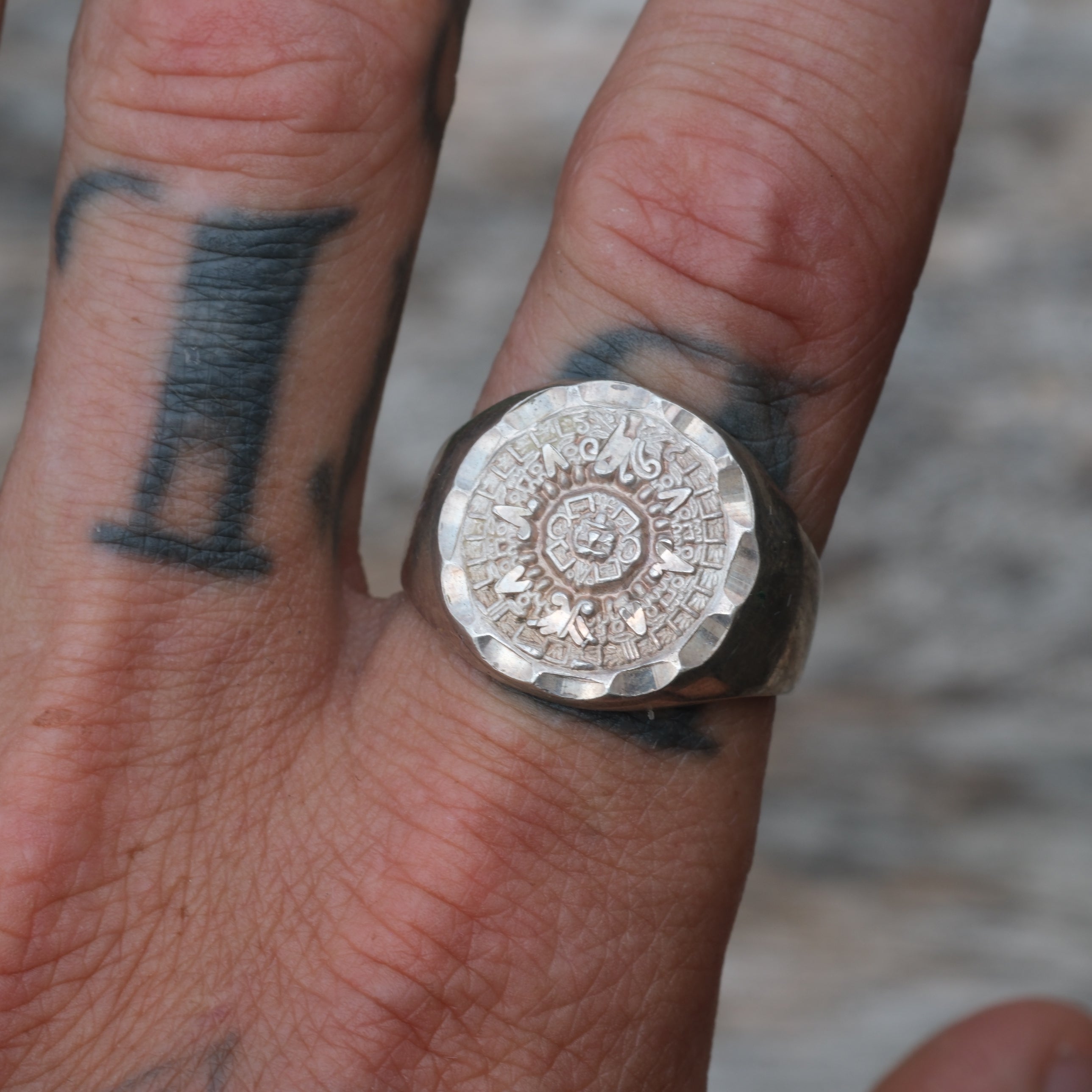Vintage Sterling Aztec Calendar Ring 10.75
