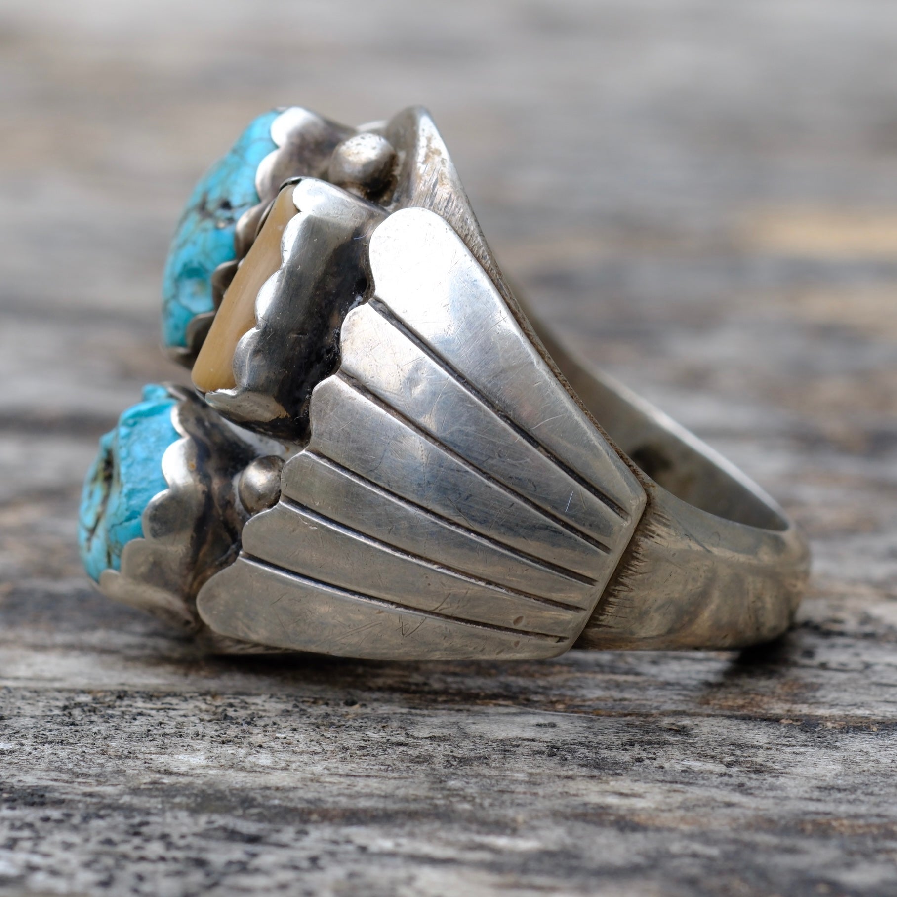Vintage Sterling Turquoise and Coral Ribbed Band Ring 10.75