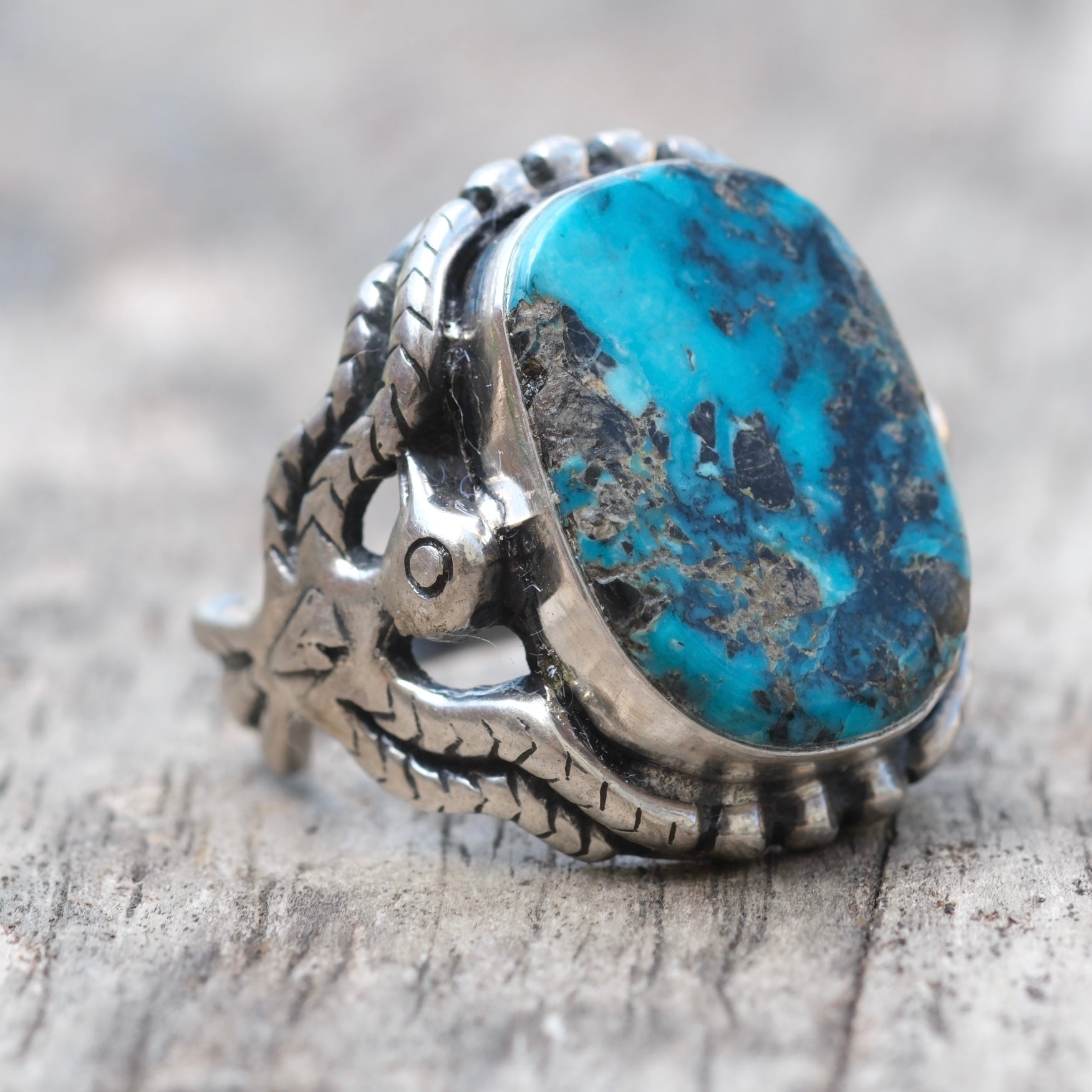 Vintage Sterling Turquoise Thunderbird Ring 7.5