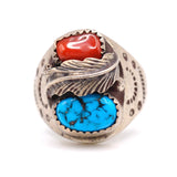 Vintage Sterling Turquoise and Coral Stamped Band Ring 9.5