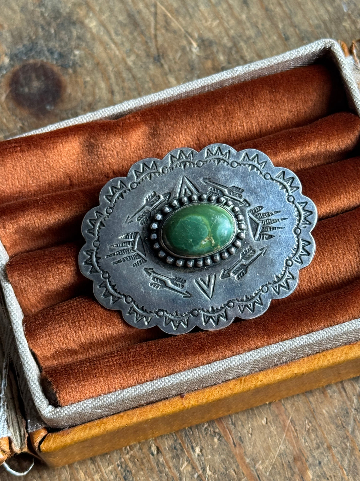 Vintage Sterling Silver Turquoise Stamped Concho Pin