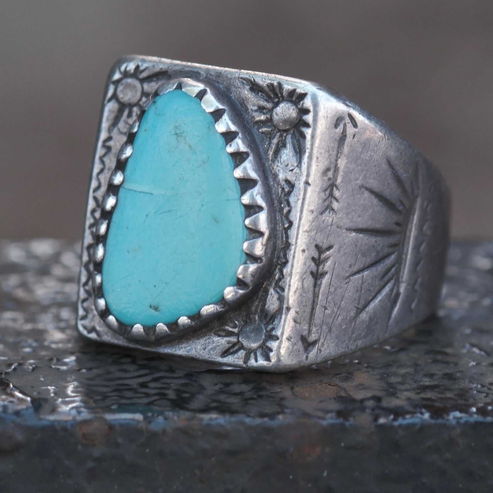 Vintage Sterling Turquoise Stamped Band Ring 10.5