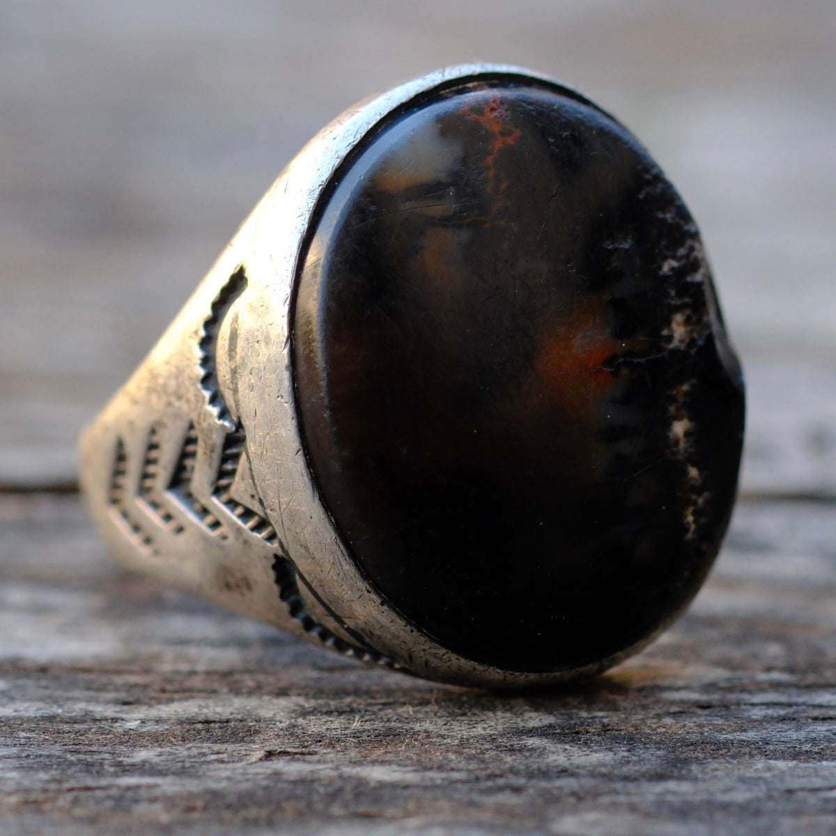 Vintage Sterling Petrified Wood Stamped Band Ring 10.5