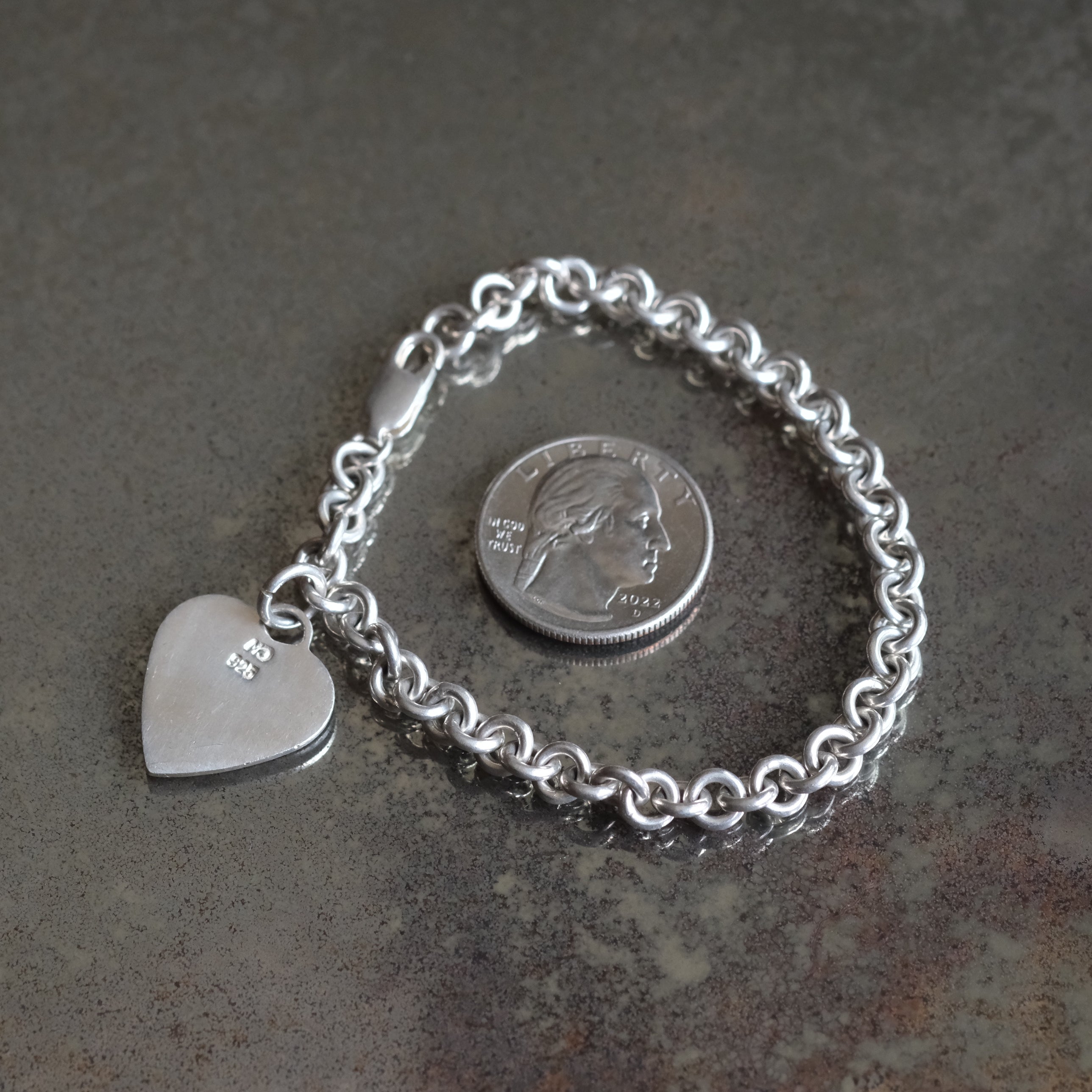 Vintage Sterling Rolo Link Heart ID Bracelet 7.5"
