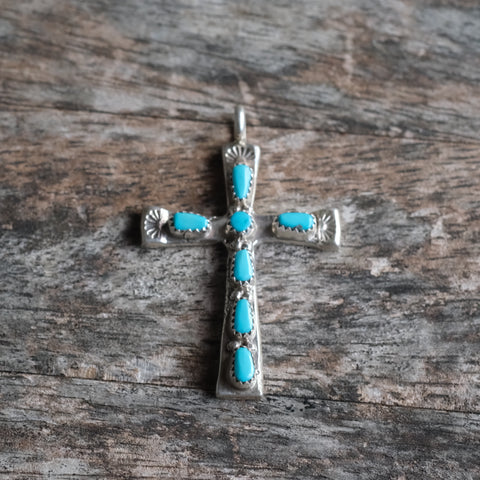 Vintage Sterling 7-Stone Turquoise Cross Necklace