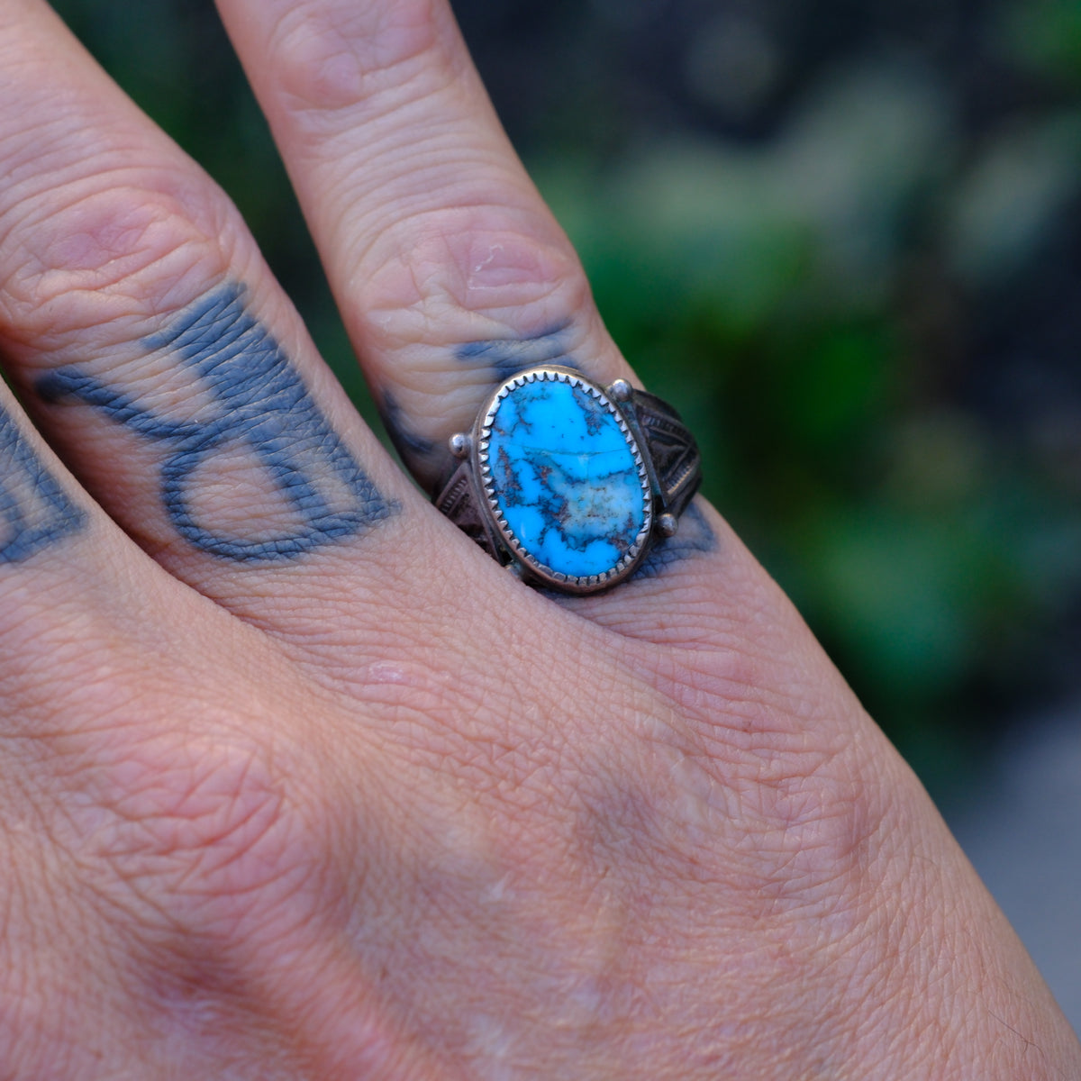 Vintage Sterling Turquoise Stamped Band Ring 6.5