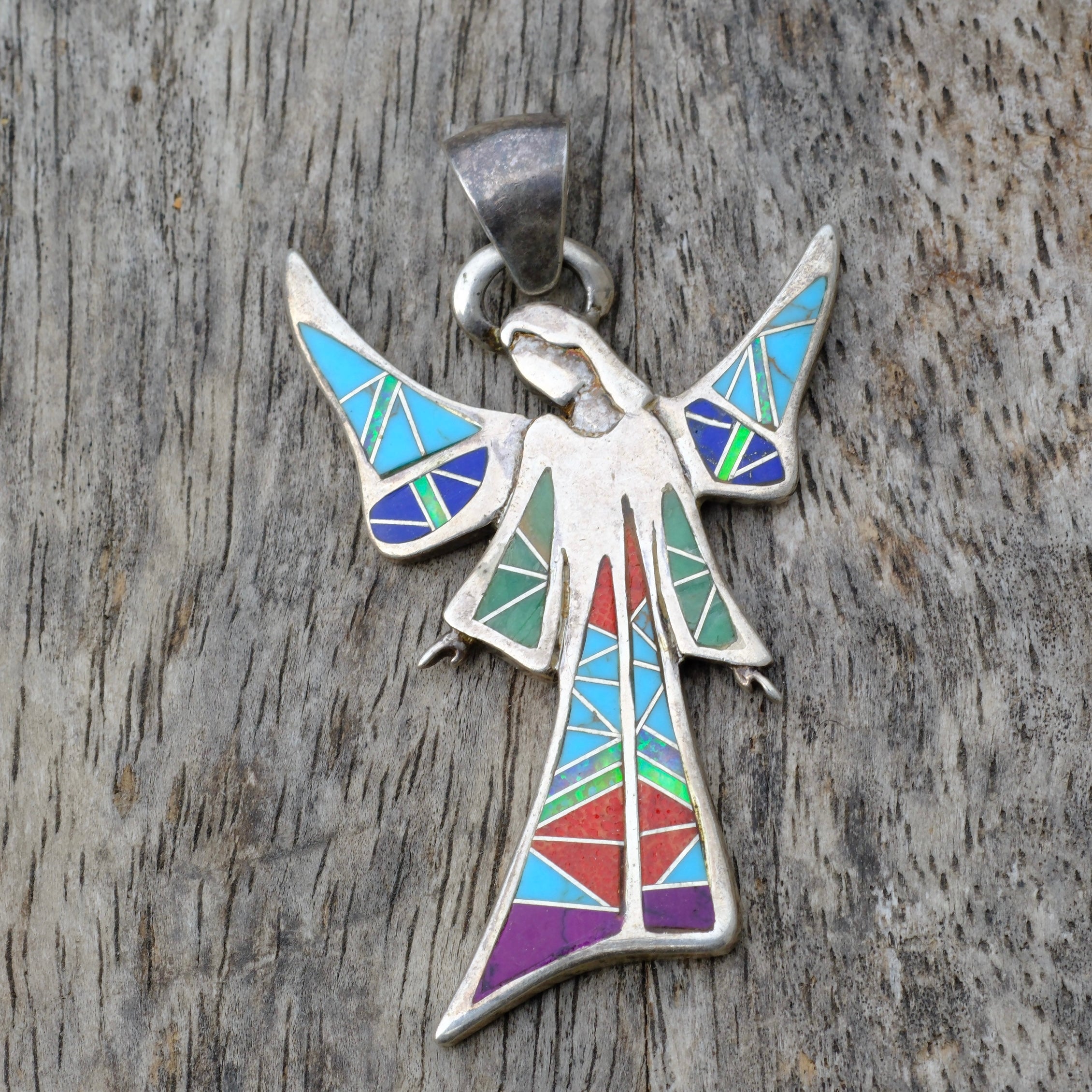Vintage Sterling Multistone Inlay Angel Pendant