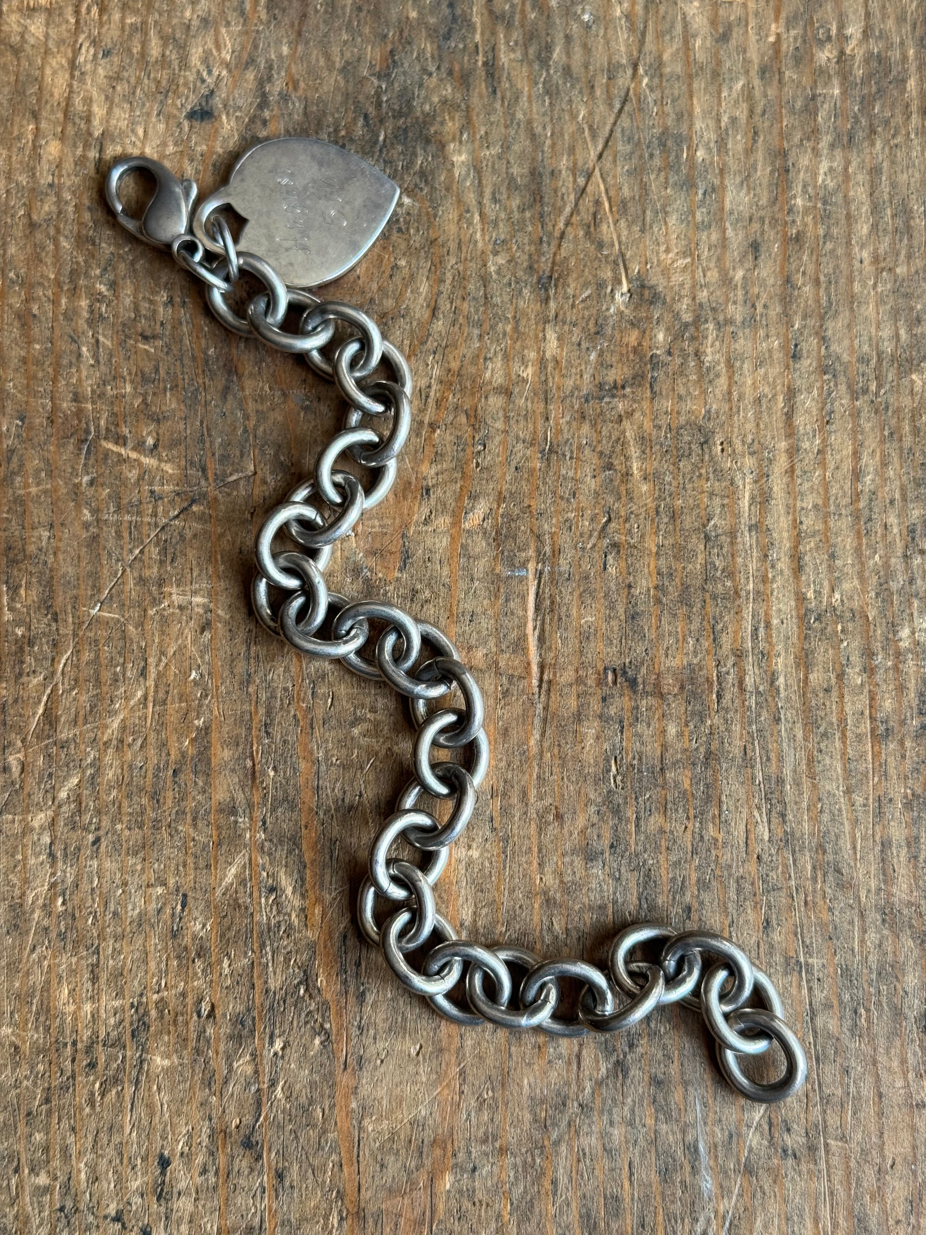 Vintage Sterling Silver 7.5” Heart Tag Cable Chain Bracelet