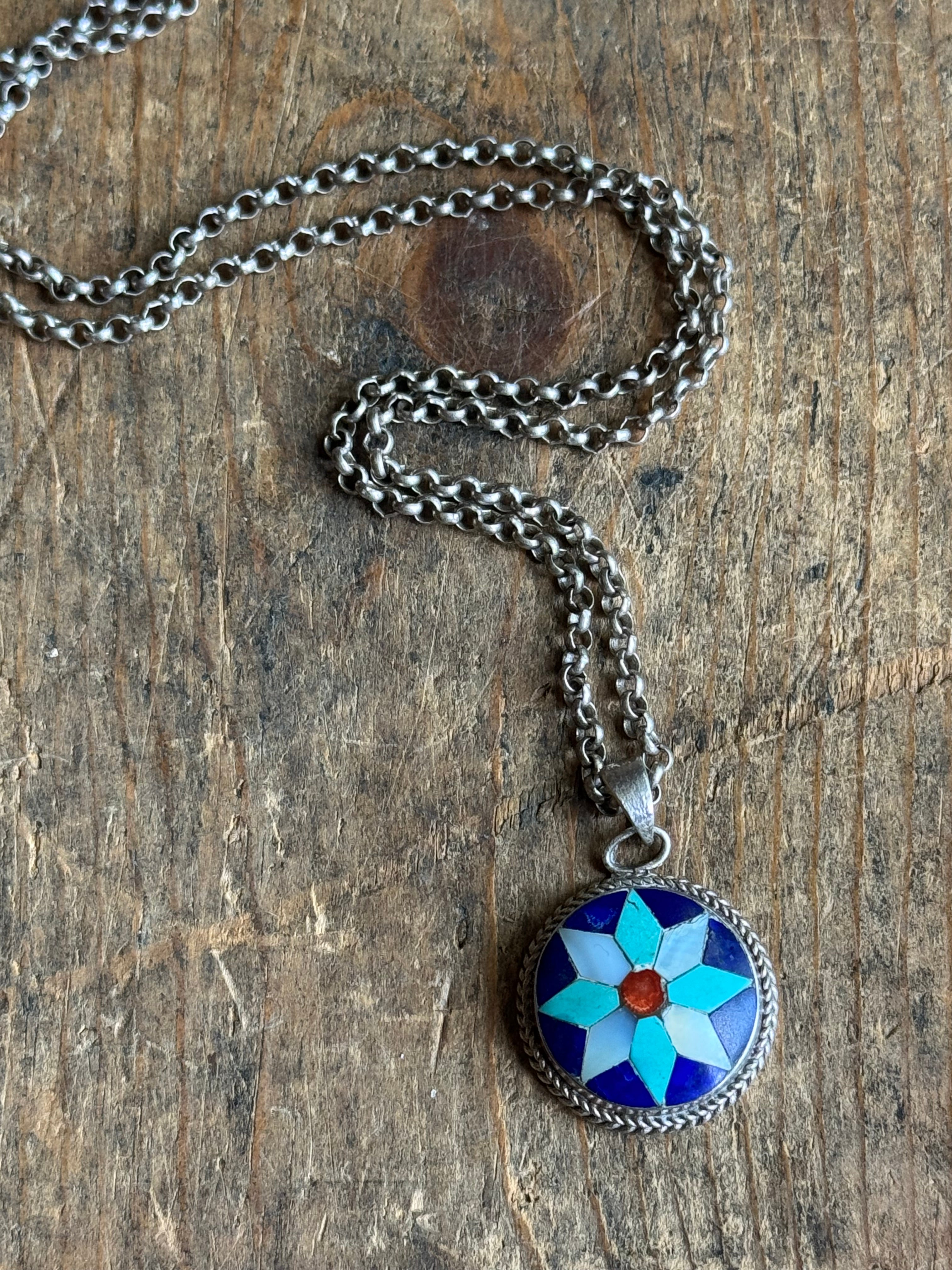 Vintage Sterling Silver Multistone Inlay Snowflake Necklace