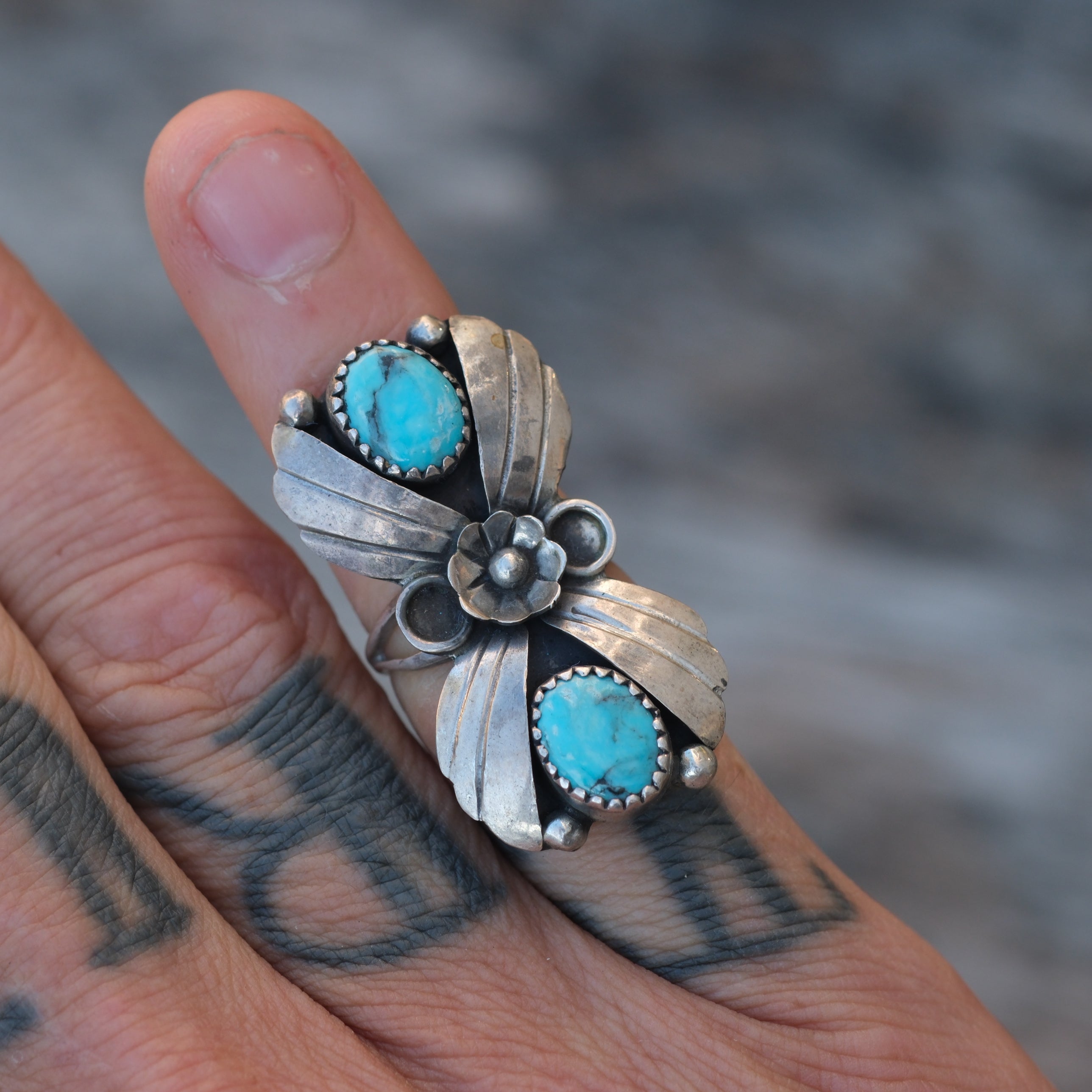 Vintage Sterling 2-Stone Turquoise Blossom Ring 4.75