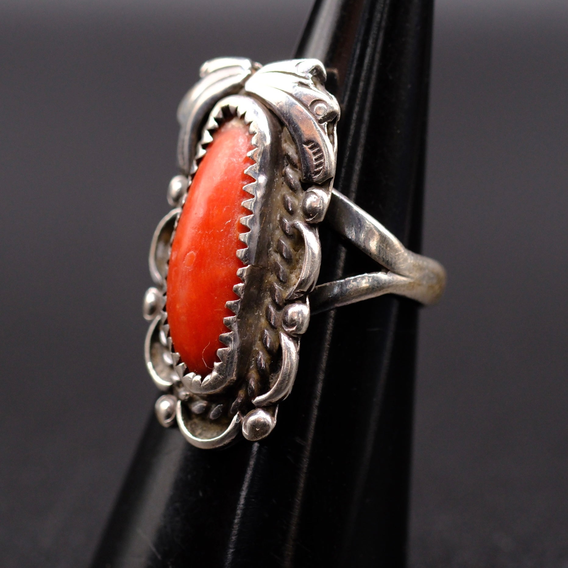 Vintage Sterling Coral Feather Ring 6.5
