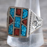 Vintage Sterling Crushed Turquoise and Coral Inlay Ring 11.5